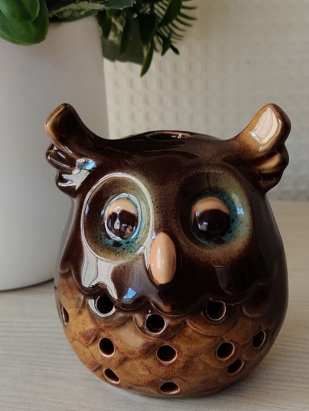 Brown Glazed Ceramic Owl Tea Light Candle Holder